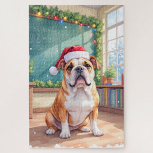 English Bulldog Teacher Classroom Santa Hat Jigsaw Puzzle