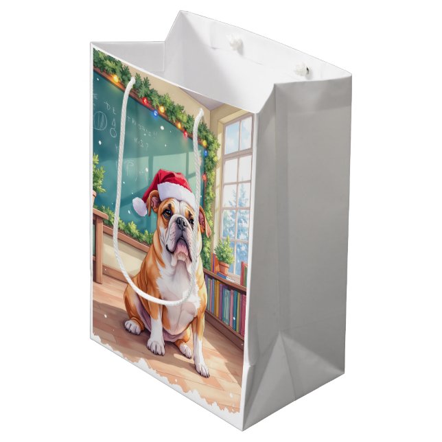 English Bulldog Teacher Classroom Santa Hat Medium Gift Bag (Front Angled)