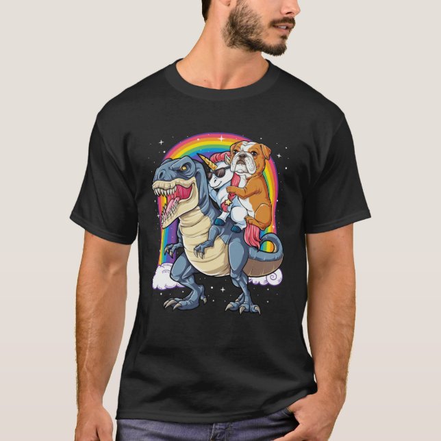 English Bulldog Unicorn Riding Dinosaur rex  Men W T-Shirt (Front)