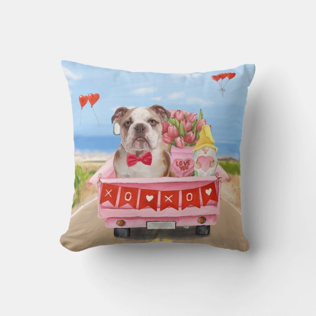 English Bulldog Valentine's Day Truck Hearts  Cushion (Front)
