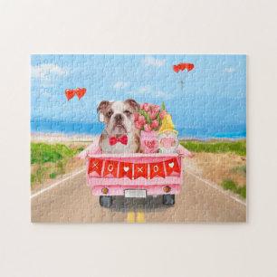 English Bulldog Valentine's Day Truck Hearts Jigsaw Puzzle