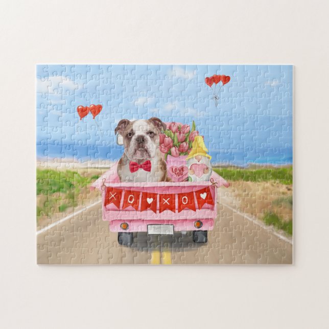 English Bulldog Valentine's Day Truck Hearts Jigsaw Puzzle (Horizontal)