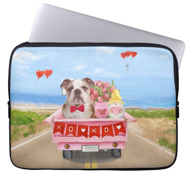 English Bulldog Valentine's Day Truck Hearts Laptop Sleeve (Front)