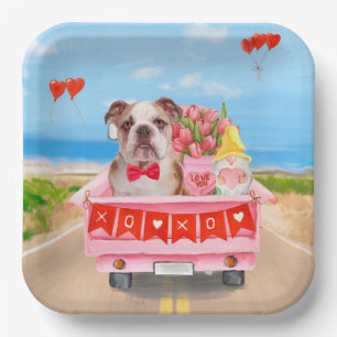 English Bulldog Valentine's Day Truck Hearts Paper Plate