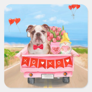 English Bulldog Valentine's Day Truck Hearts Square Sticker