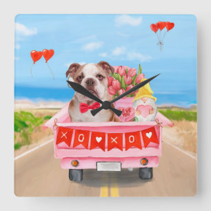 English Bulldog Valentine's Day Truck Hearts Square Wall Clock