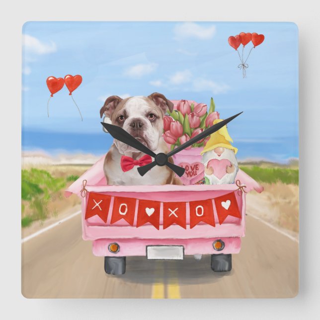 English Bulldog Valentine's Day Truck Hearts Square Wall Clock (Front)