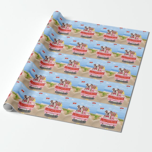 English Bulldog Valentine's Day Truck Hearts Wrapping Paper (Unrolled)
