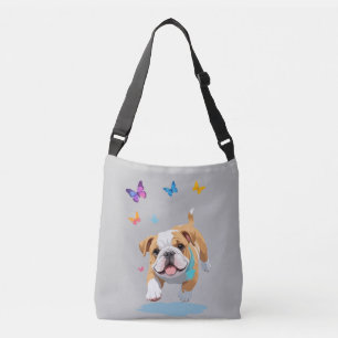 English Bulldog Vector Playing Butterfly Fun Love Crossbody Bag