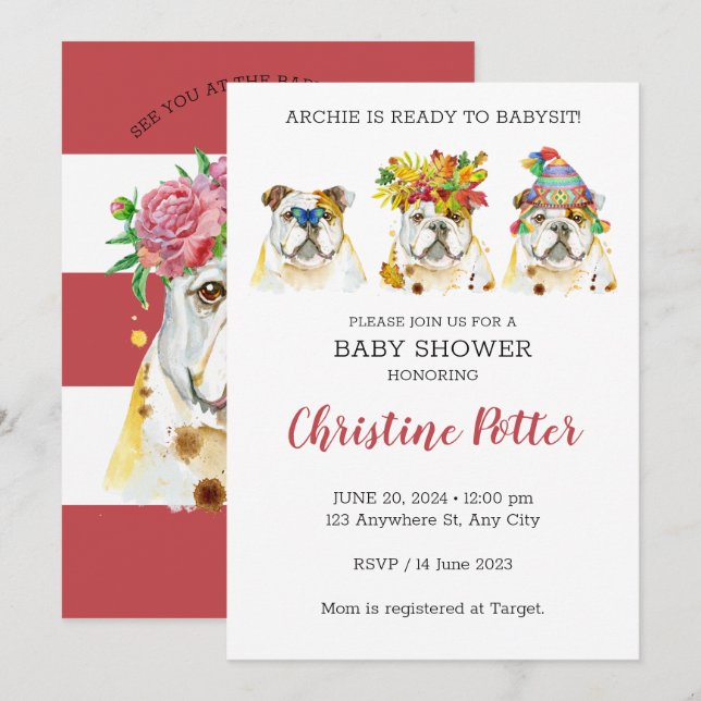 English Bulldog Watercolor Baby Shower Invitation (Front/Back)