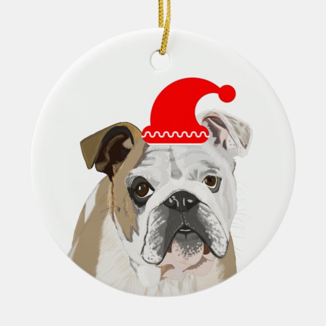 English Bulldog Wearing a Red Santa Hat Ceramic Ornament (Front)