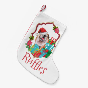 English bulldog wearing hat Christmas wreath Small Christmas Stocking