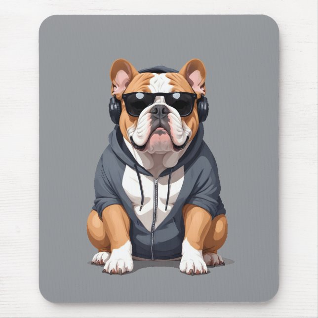 English Bulldog Wearing Hoodie Funny Cool Music Mouse Pad (Front)