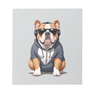 English Bulldog Wearing Hoodie Funny Cool Music Notepad