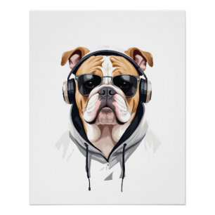 English Bulldog Wearing Hoodie Funny Cool Music Poster