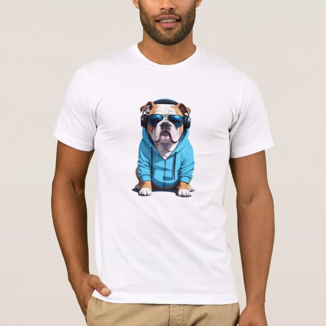 English Bulldog Wearing Hoodie Funny Cool Music T-Shirt (Front)