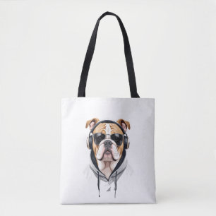 English Bulldog Wearing Hoodie Funny Cool Music Tote Bag