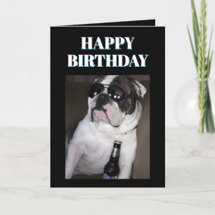 English Bulldog Wearing Sunglasses With Beer Card