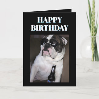 English Bulldog Wearing Sunglasses With Beer Card