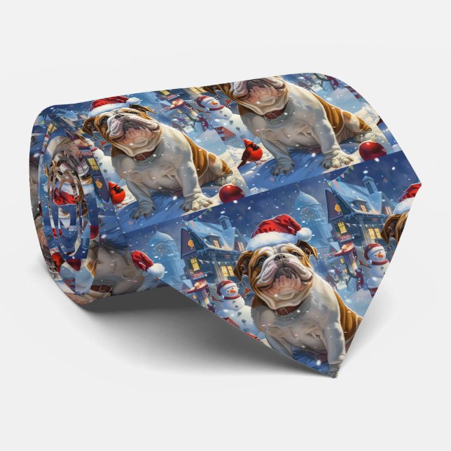 English Bulldog Winter Wonderland Christmas Joy  Tie (Rolled)