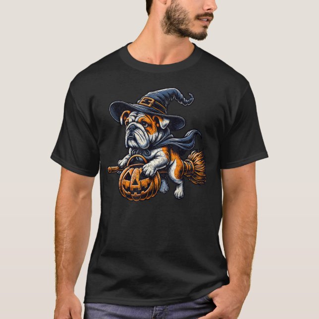 English Bulldog Witch Pumpkin Halloween Dog Lover  T-Shirt (Front)