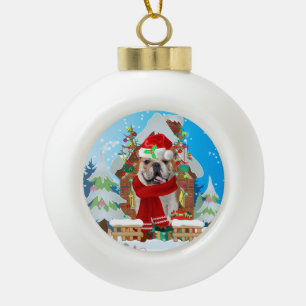 English Bulldog with Christmas gifts Ceramic Ball Christmas Ornament