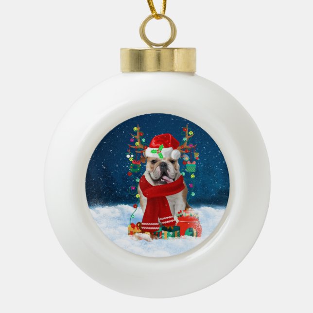 English Bulldog with Christmas gifts Ceramic Ball Christmas Ornament (Front)
