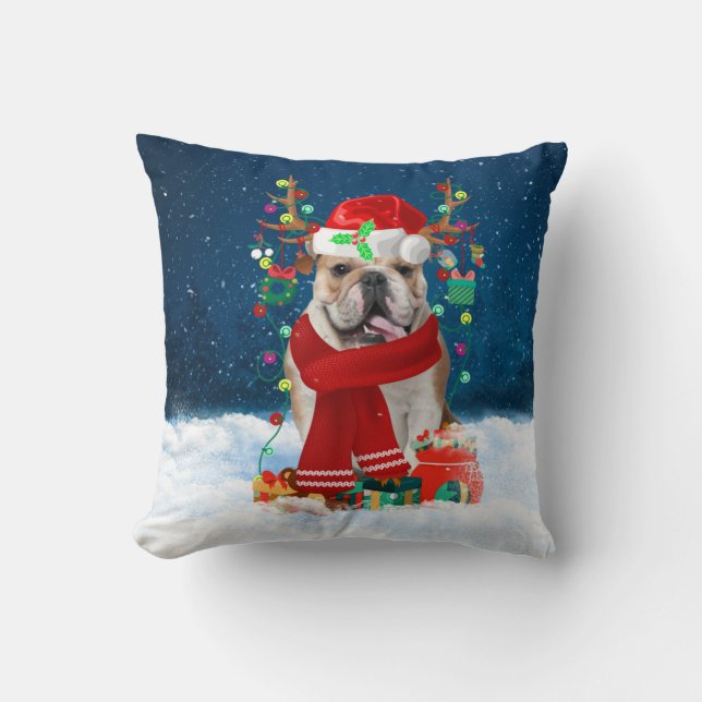 English Bulldog with Christmas gifts Cushion (Front)
