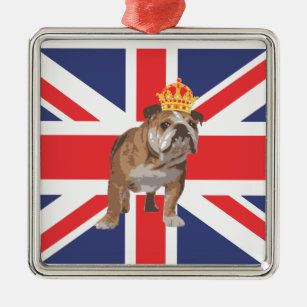 English Bulldog with Crown and Union Jack Metal Tree Decoration