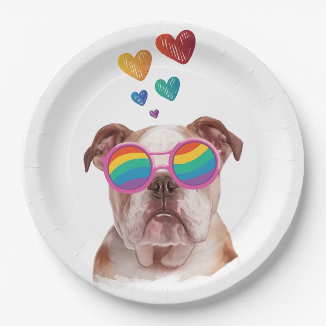 English Bulldog with Hearts Valentine's Day Paper Plate (Front)