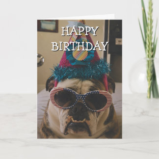 English Bulldog With Party Hat Wearing Sunglasses Card