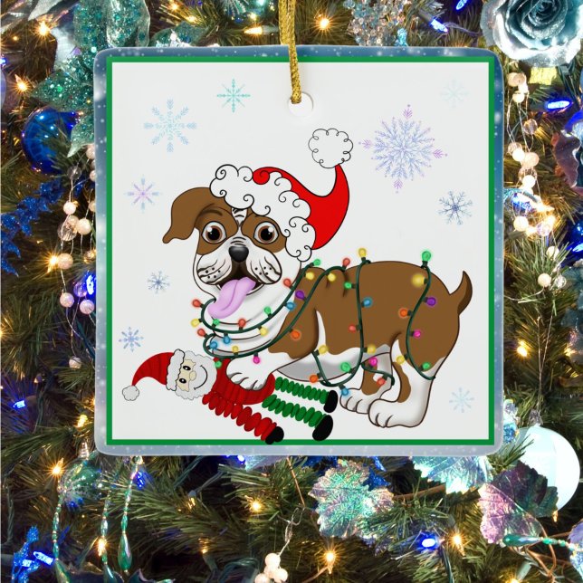 English Bulldog with Xmas Lights And Santa Toy Ceramic Ornament (Creator Uploaded)