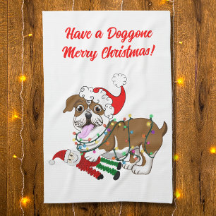 English Bulldog With Xmas Lights   Long Apron Tea Towel
