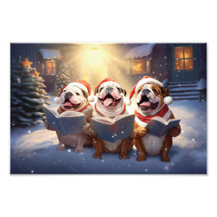 English Bulldogs Christmas Caroling Holiday Scene Photo Print