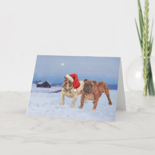 English Bulldogs on Crisp Winter Night Holiday Card