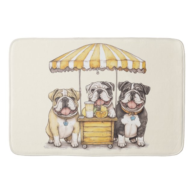 English Bulldogs Running A Lemonade Stand Bath Mat (Front)