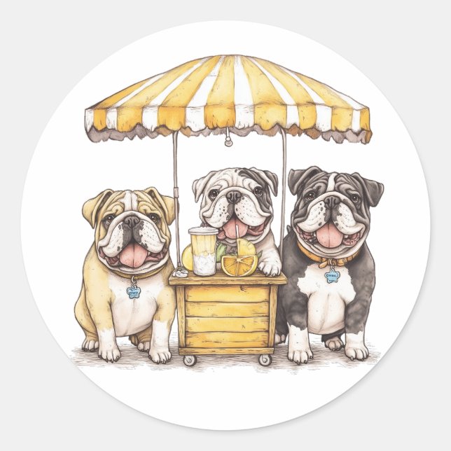 English Bulldogs Running A Lemonade Stand Classic Round Sticker (Front)