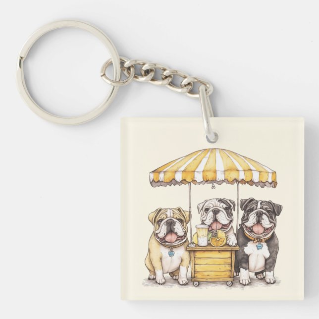 English Bulldogs Running A Lemonade Stand Key Ring (Front)
