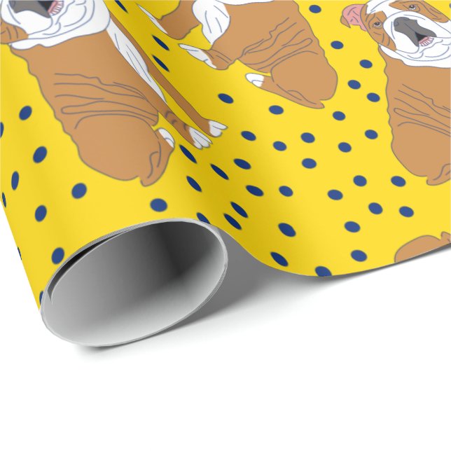 English Bulldogs Yellow and Blue Patterned Wrapping Paper (Roll Corner)