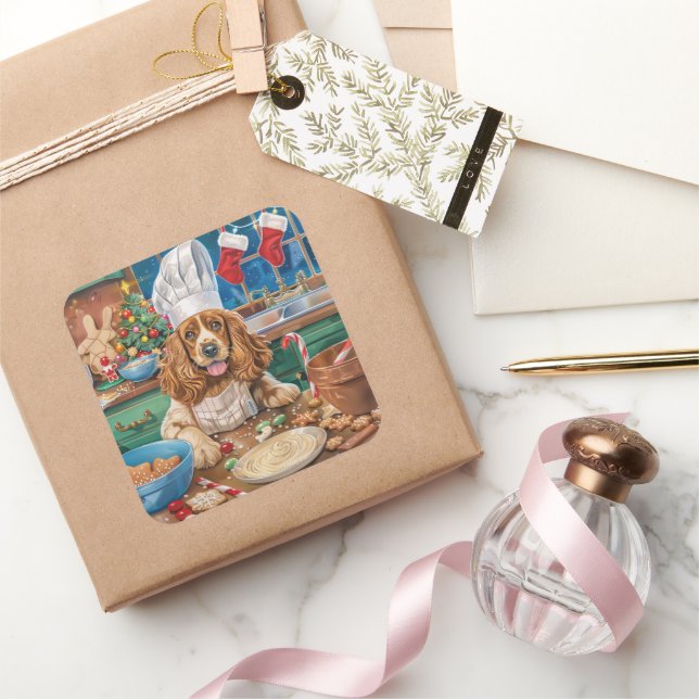 English Cocker Spaniel Holiday Baking: Christmas Square Sticker (Gifting)