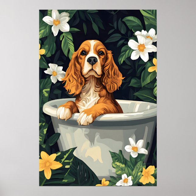 English Cocker Spaniel In Bathtub Poster, Funny Poster (Front)