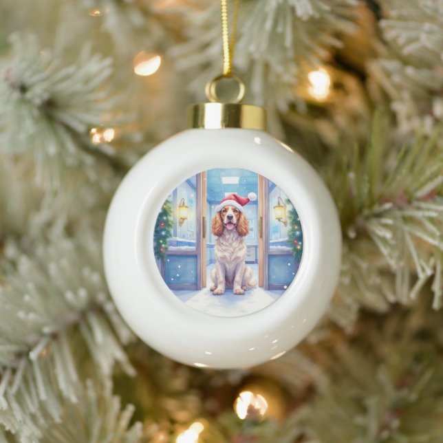 English Cocker Spaniel Nurse Station Santa Hat Ceramic Ball Christmas Ornament (Tree)