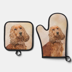 English Cocker Spaniel Painting Original Dog Art Oven Mitt & Pot Holder Set