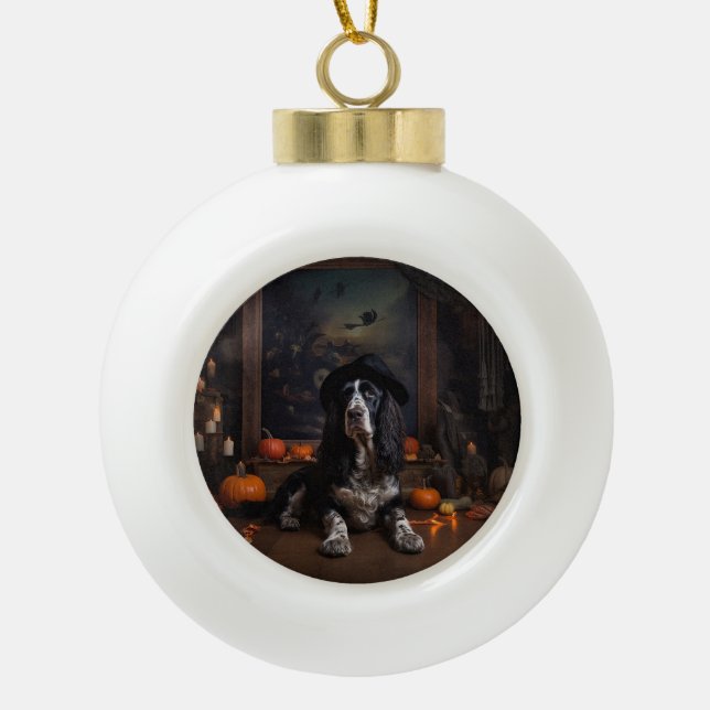 English Cocker Spaniel Pumpkins Halloween Scary  Ceramic Ball Christmas Ornament (Front)