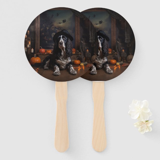 English Cocker Spaniel Pumpkins Halloween Scary  Hand Fan (Front and Back)