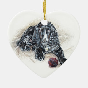 English Cocker Spaniel with Cricket Ball painting Ceramic Tree Decoration