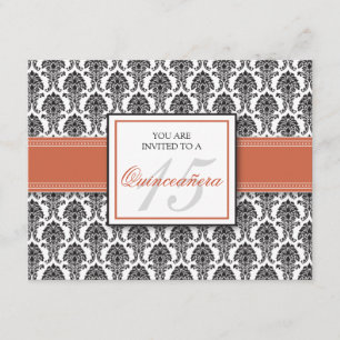ENGLISH Coral Damask Quinceanera Invitation