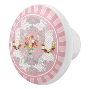 English Cottage Pink Floral Urn Ceramic Knob