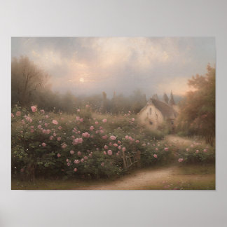 English cottage rose garden - vintage art poster