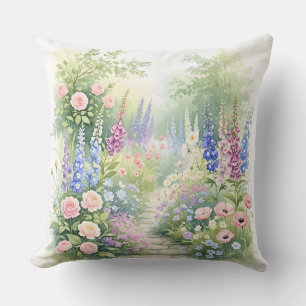 English Country Garden Path Watercolor Floral Cushion